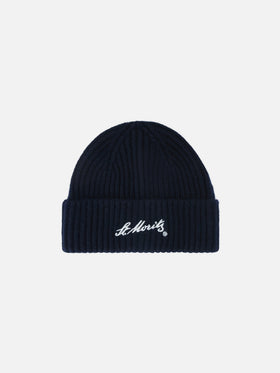 Navy blue Wengen cashmere beanie with St. Moritz embroidery | Special edition