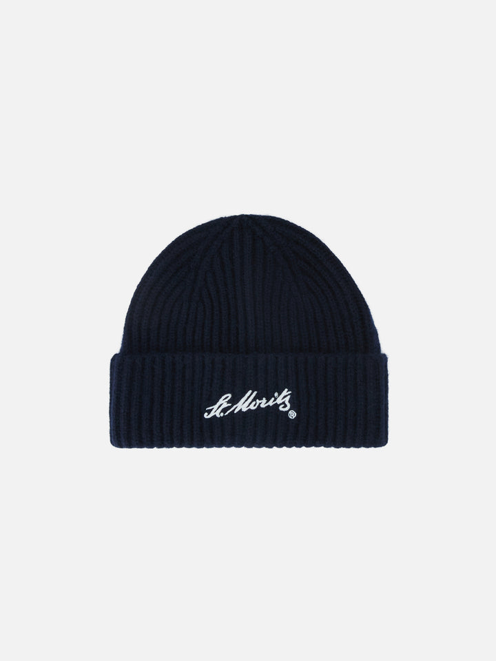 Gorro de cashmere Wengen Navy blue con bordado St. Moritz | Special edition 