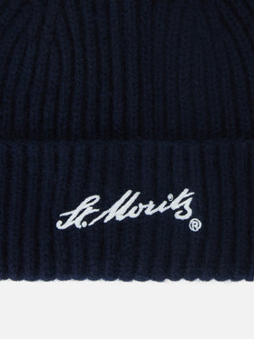 Navy blue Wengen cashmere beanie with St. Moritz embroidery | Special edition