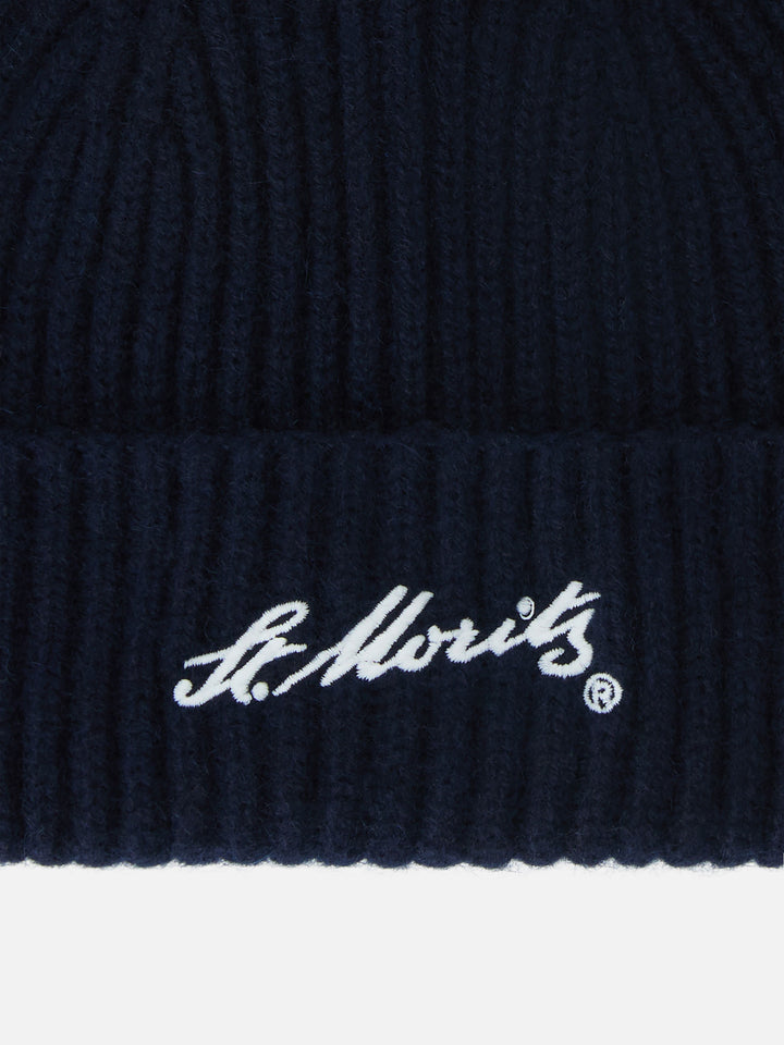 Gorro de cashmere Wengen Navy blue con bordado St. Moritz | Special edition 
