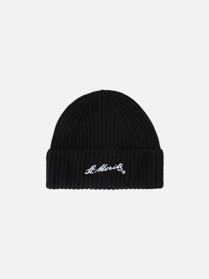 Gorro Wengen de cashmere negro con bordado St. Moritz | Special edition 