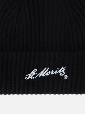 Bonnet en cachemire Wengen noir avec broderie St. Moritz | Special edition 