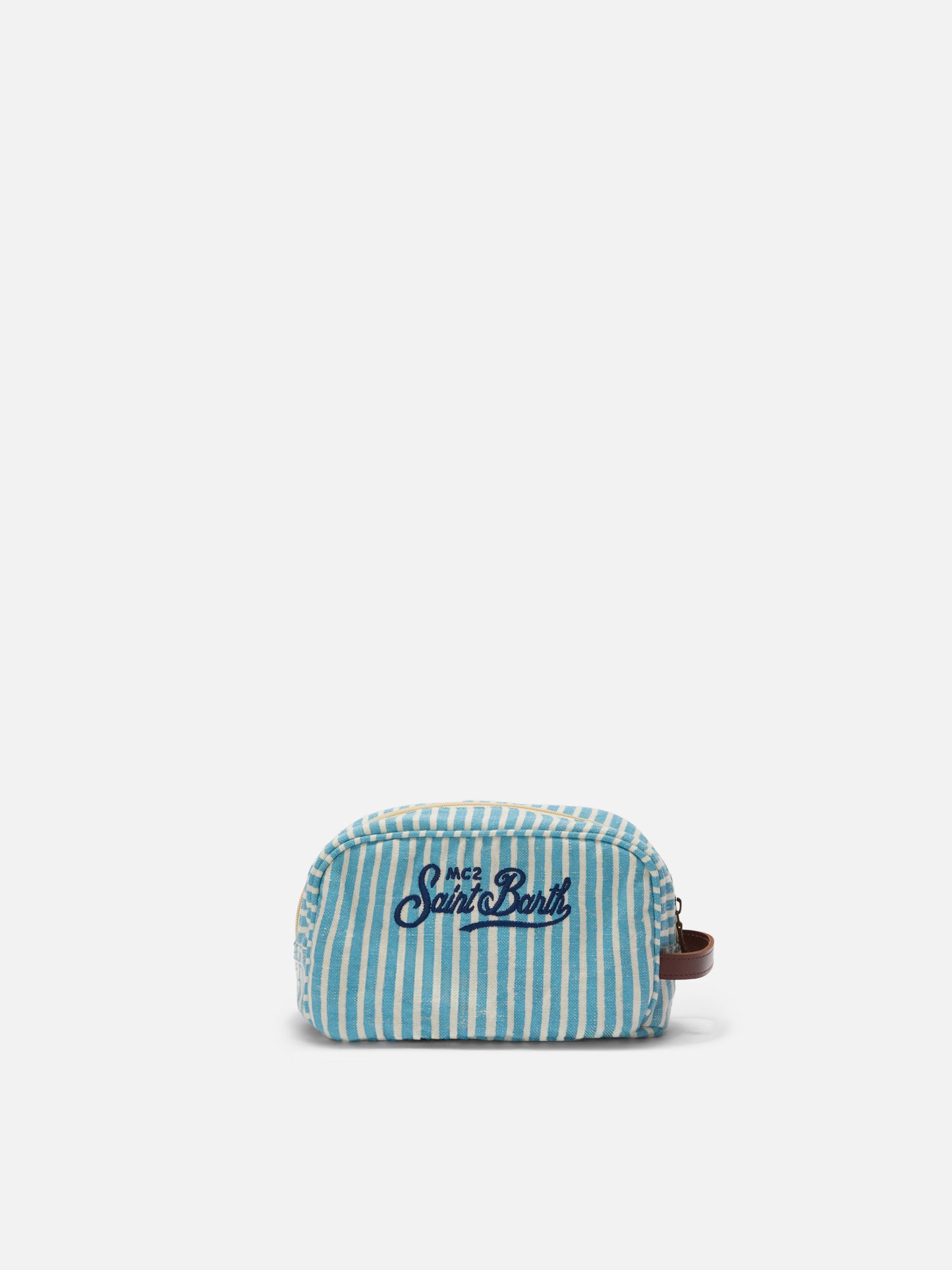 Westwood linen beauty bag with light blue and white striped pattern