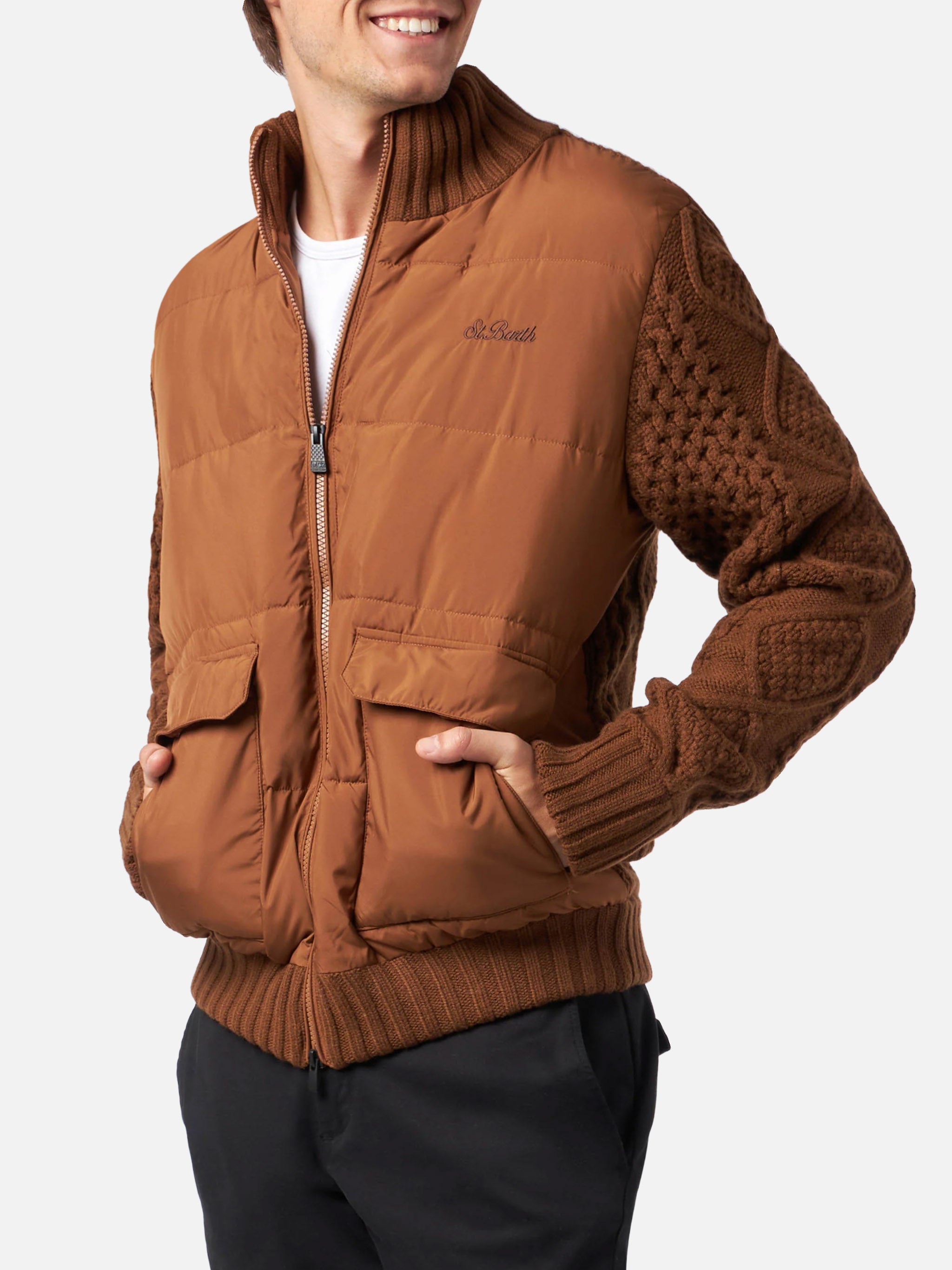 Whistler brown quilted jacket with knitted sleeves – MC2 Saint Barth
