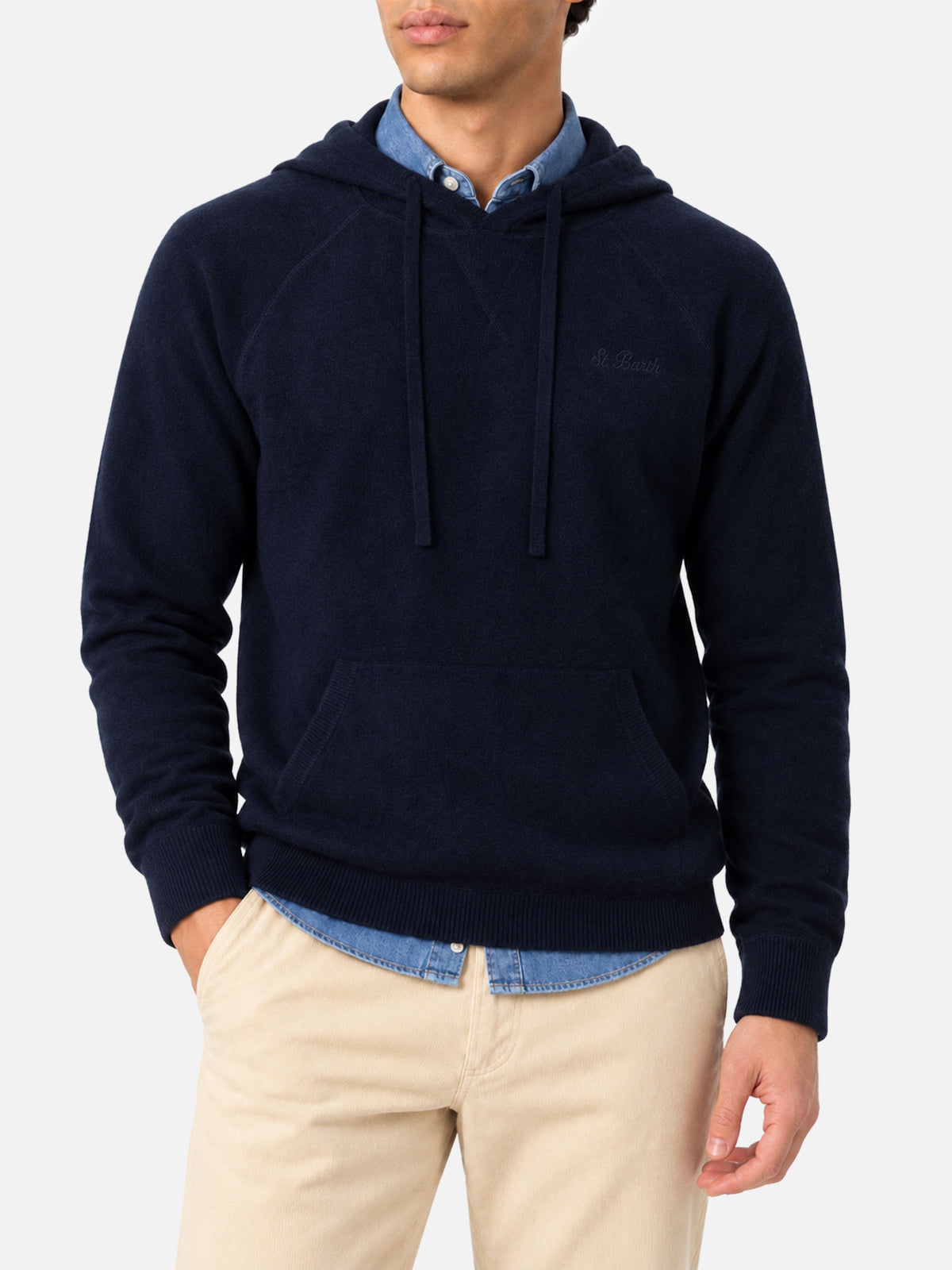 Maglione con cappuccio Mahony in lambswool blu navy