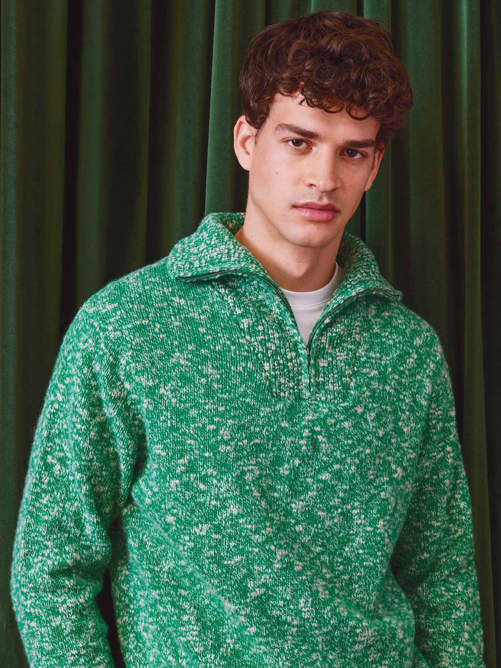 Jersey Wesley verde de lana con media cremallera y punto mouliné 