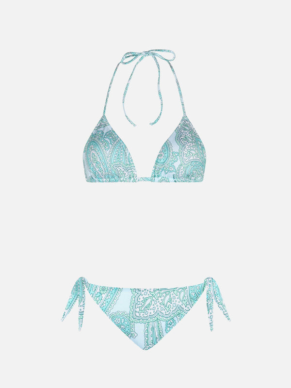 Woman water green paisley triangle bikini Leah Yali