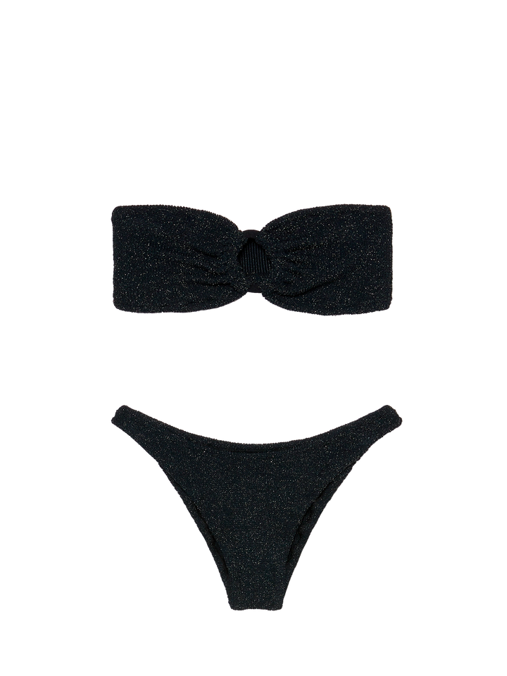 Klassische schwarze Badehose aus Crinkle-Lurex „Elise“ – schwarzes Bandeau-Top aus Crinkle-Lurex „Yulia“