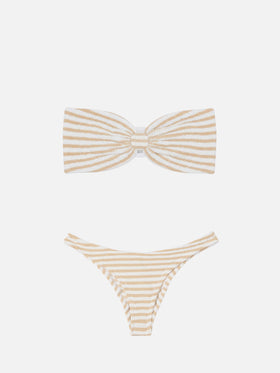 Naomi crinkle cheeky swim briefs with striped print - Yulia crinkle bandeau top with striped print