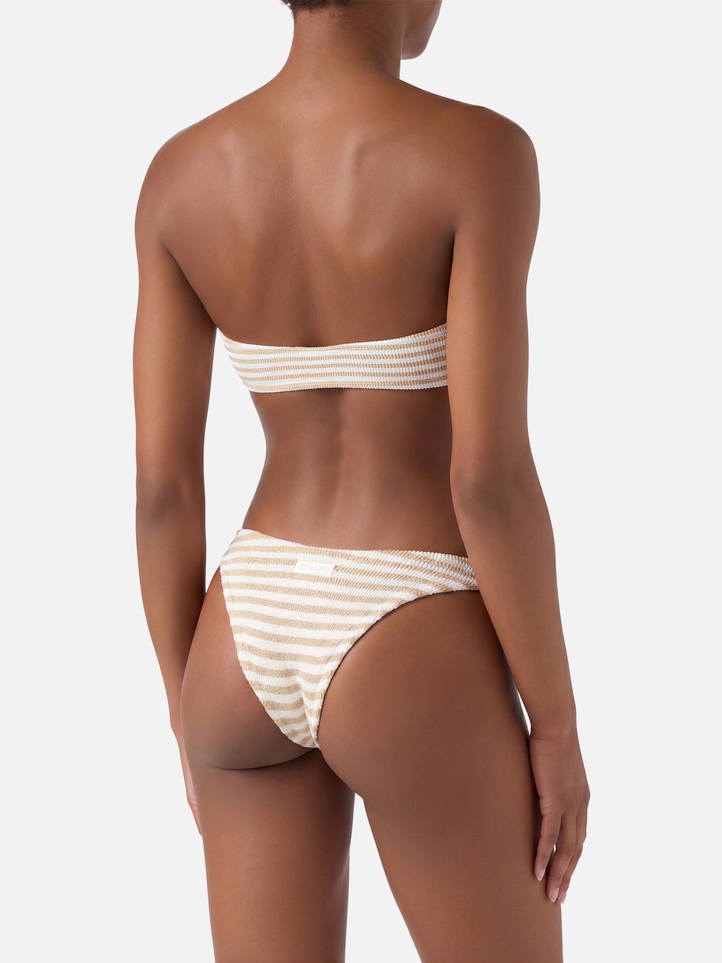 Naomi crinkle cheeky swim briefs with striped print - Yulia crinkle bandeau top with striped print
