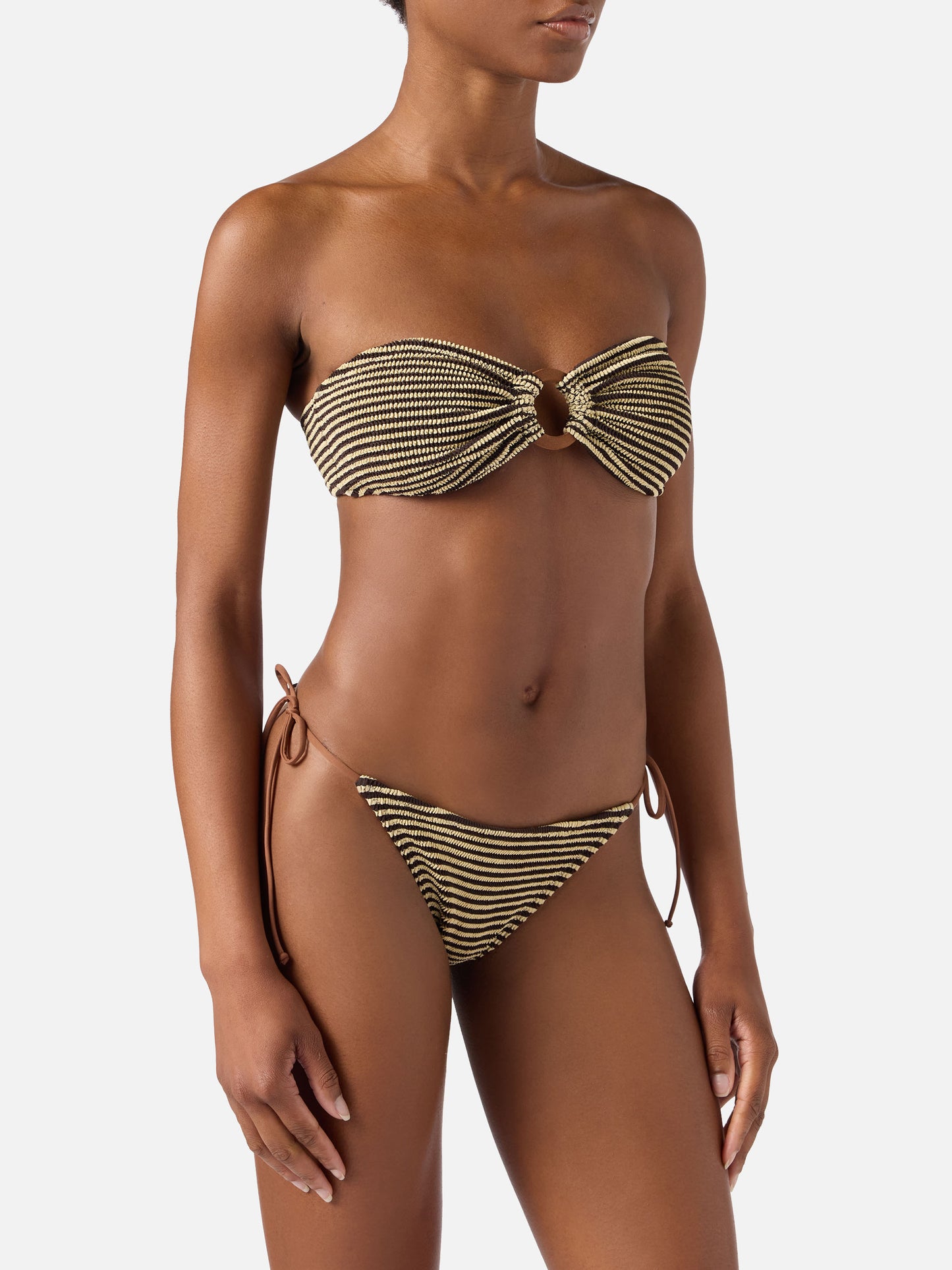 Bikini de crinkle a rayas marrón y beige Yulia Marielle 