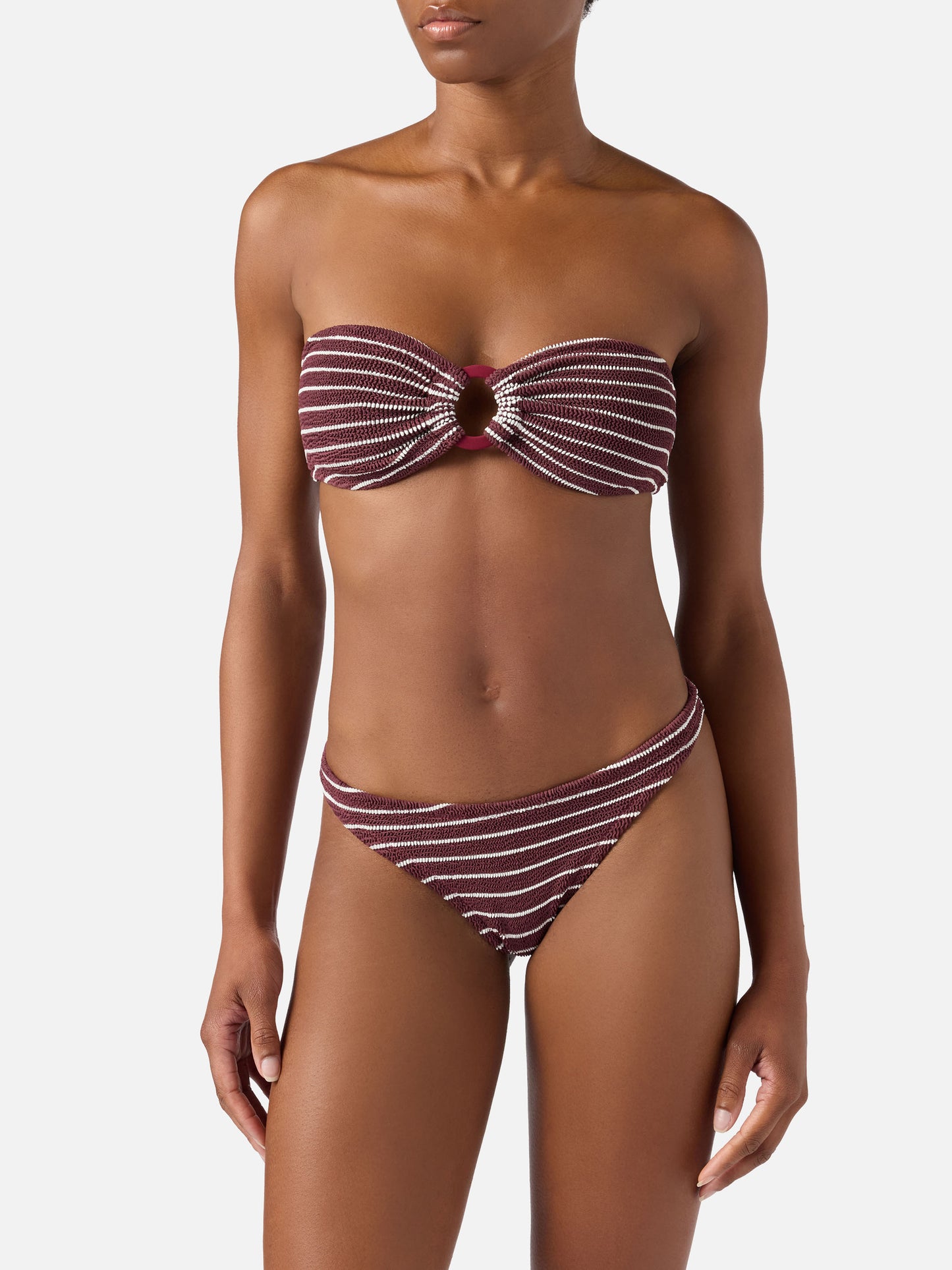 Bikini froissé rayé bordeaux et blanc Yulia Naomi 