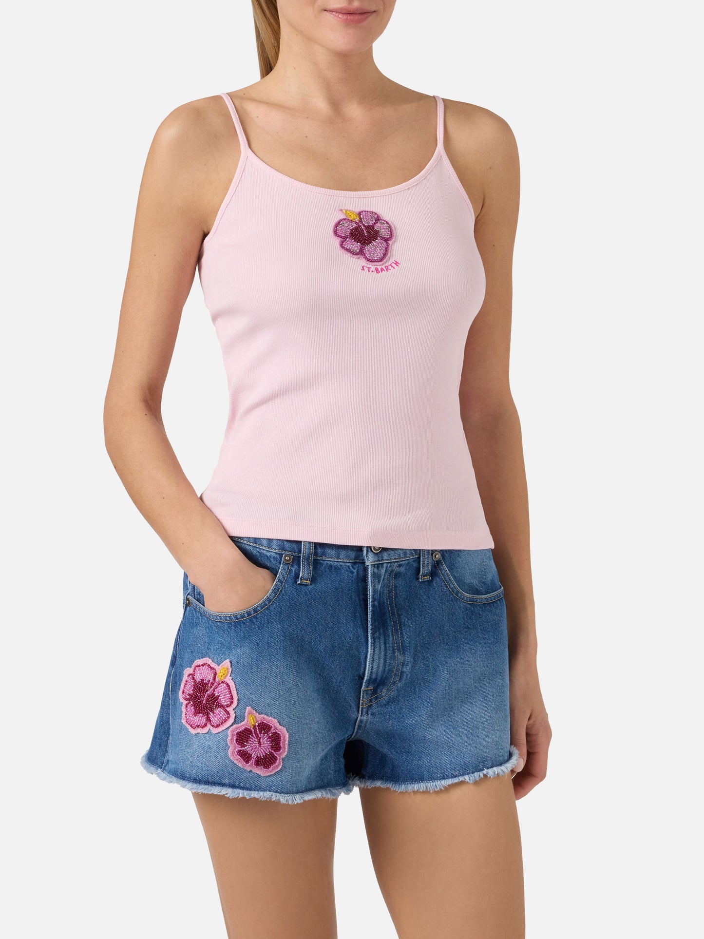 Pink Zaira tank top with embroidered logo and bead patch