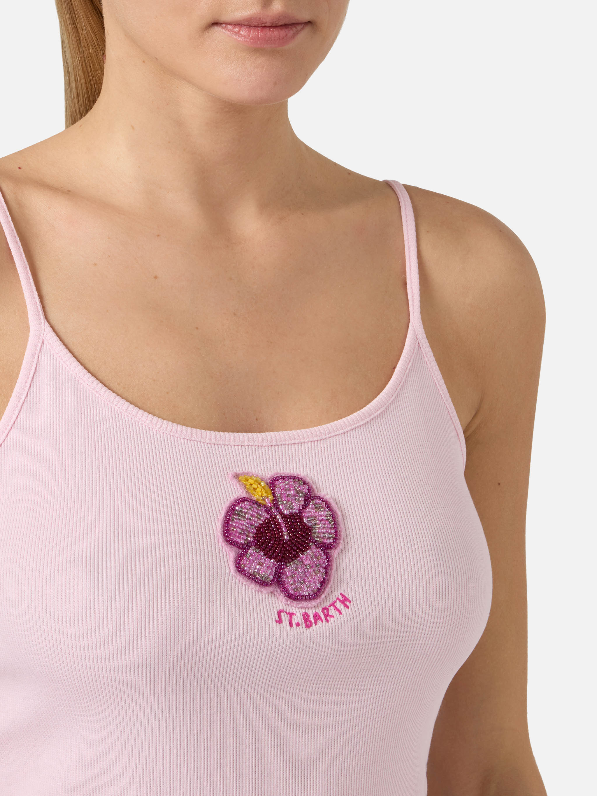 Pink Zaira tank top with embroidered logo and bead patch – MC2