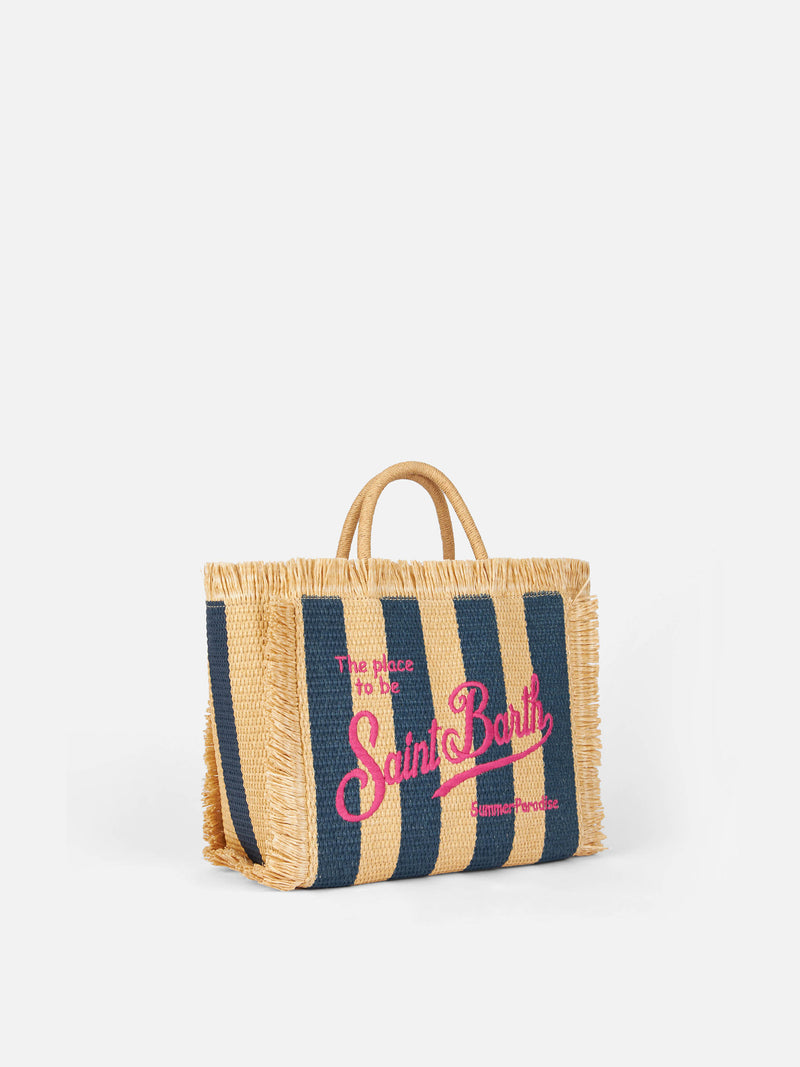 Blue striped Mini Vanity Raffia bag with embroidery