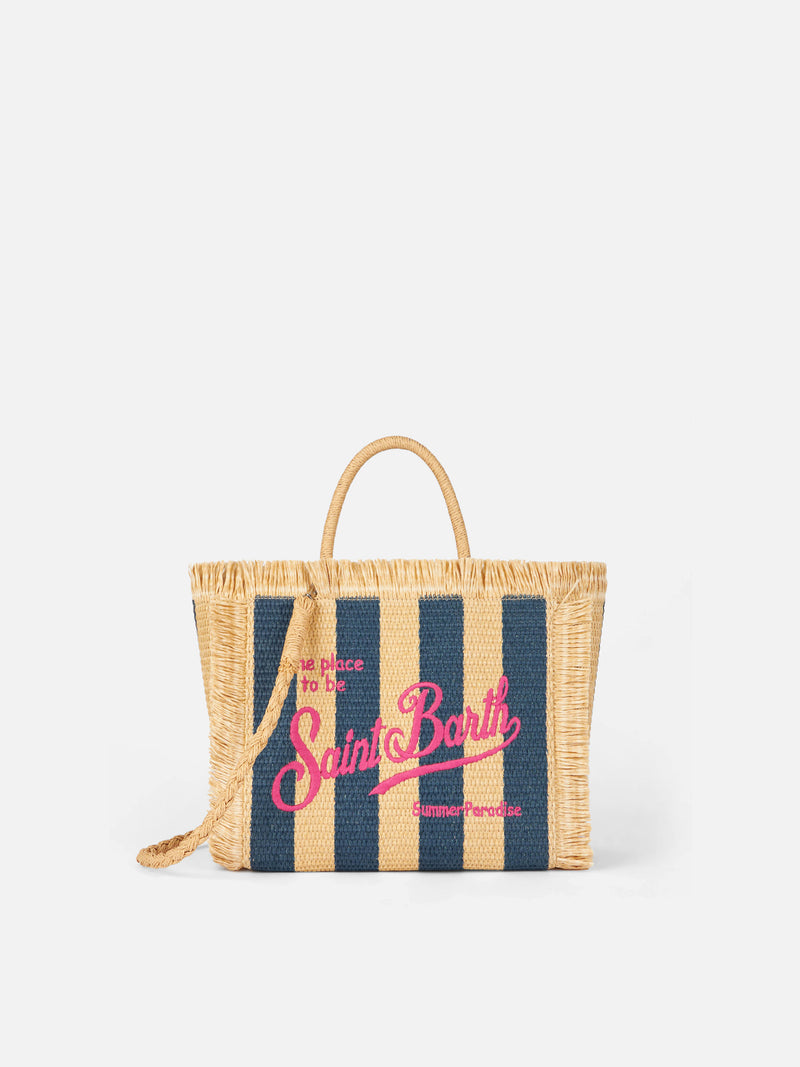 Blue striped Mini Vanity Raffia bag with embroidery