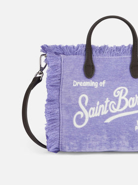 Lilafarbene Mini-Vanity-Tasche aus Samt mit Fransen