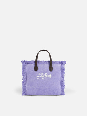 Lilafarbene Mini-Vanity-Tasche aus Samt mit Fransen