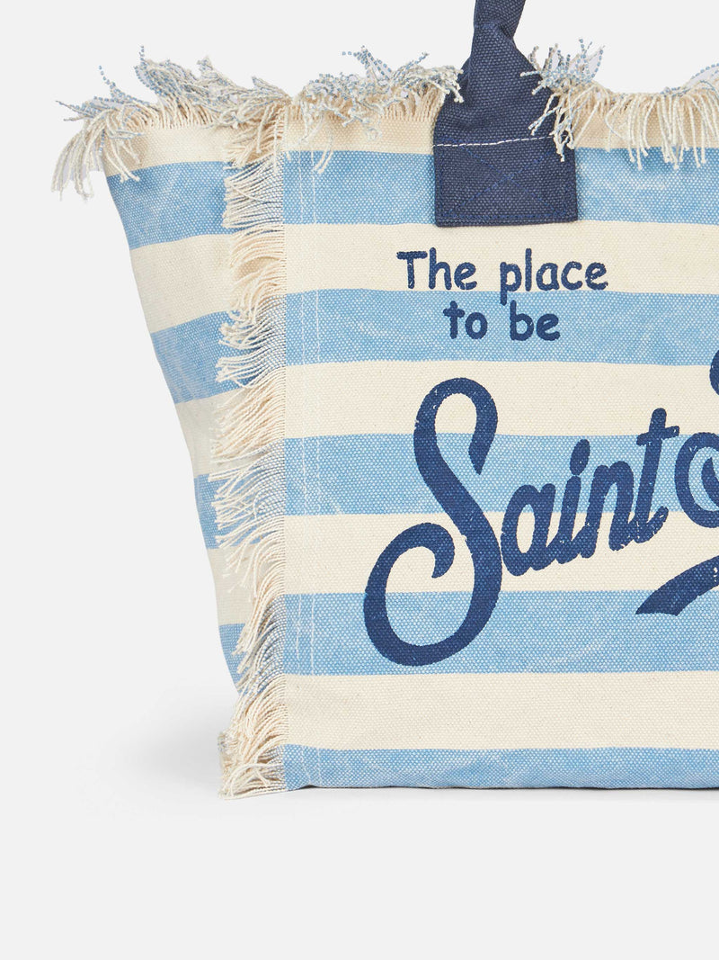 Borsa a spalla Vanity in canvas di cotone con stampa a righe azzurre