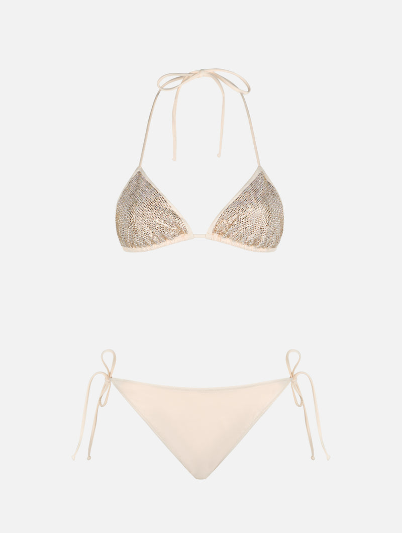 Woman triangle beige bikini with rhinestones