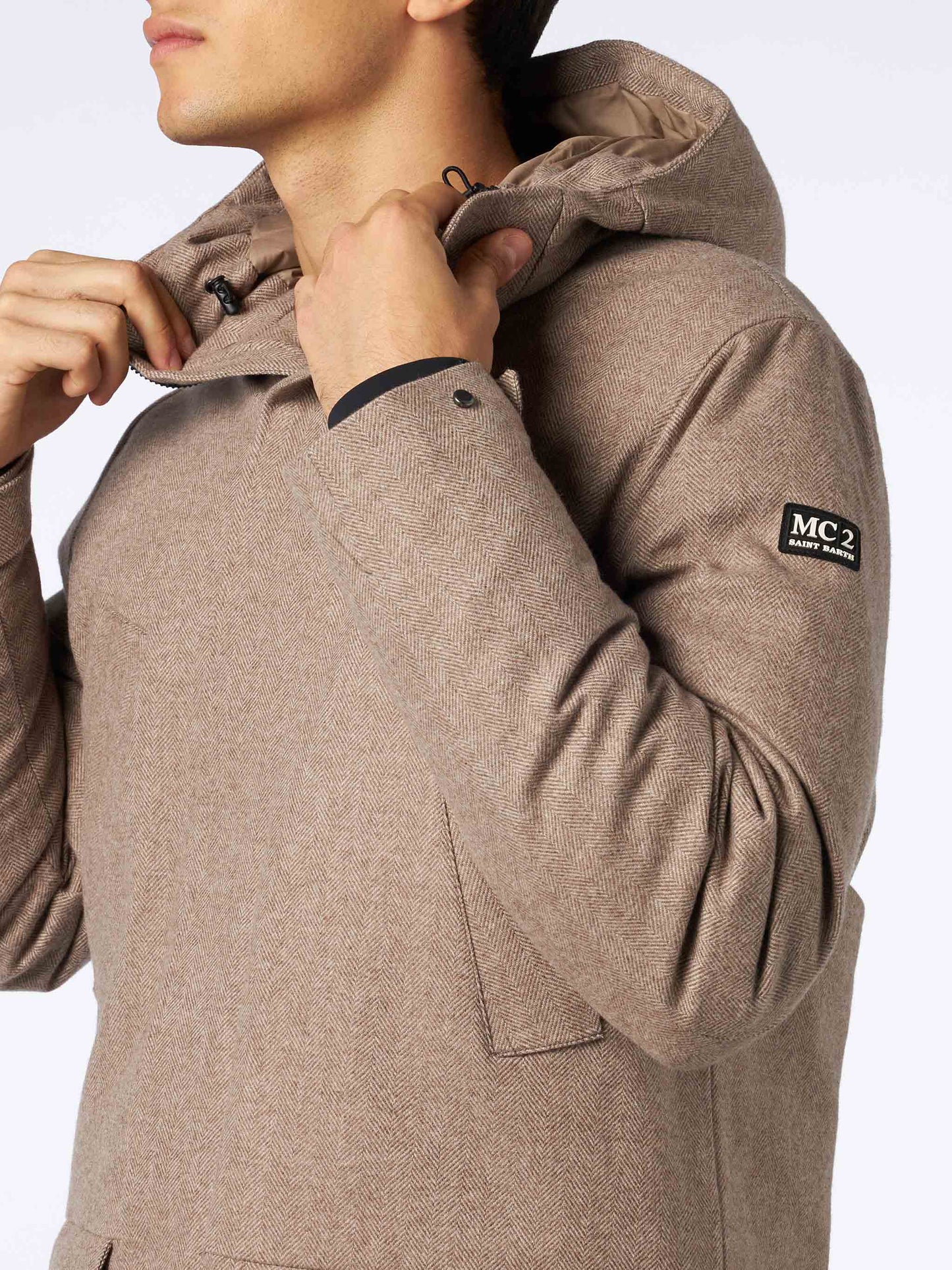 Man hooded parka Voyager with herringbone print