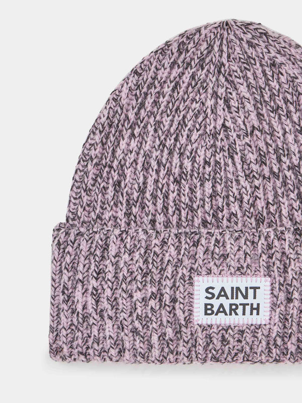 Woman white and pink mouliné beanie with Saint Barth embroidery