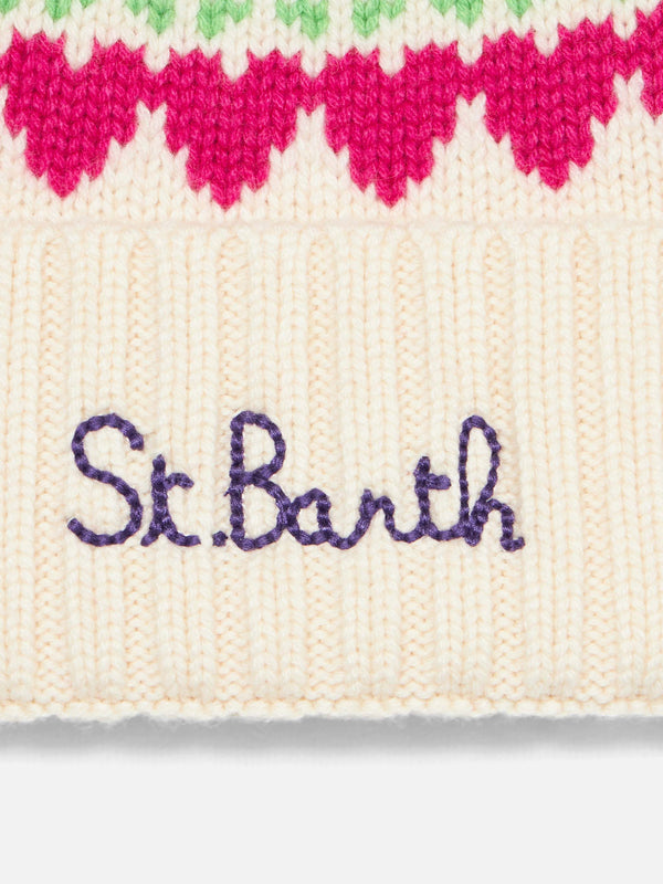 Berretto da donna bianco con stampa cuori fair isle