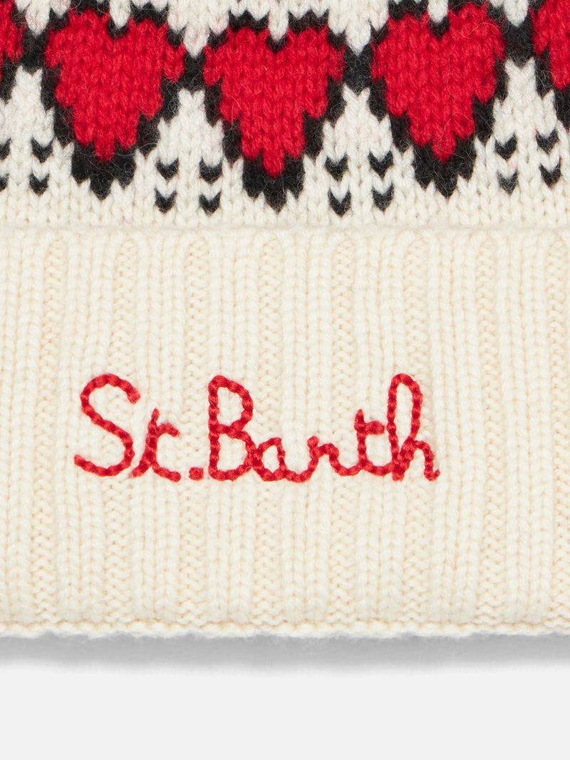 Berretto da donna bianco con stampa cuori fair isle