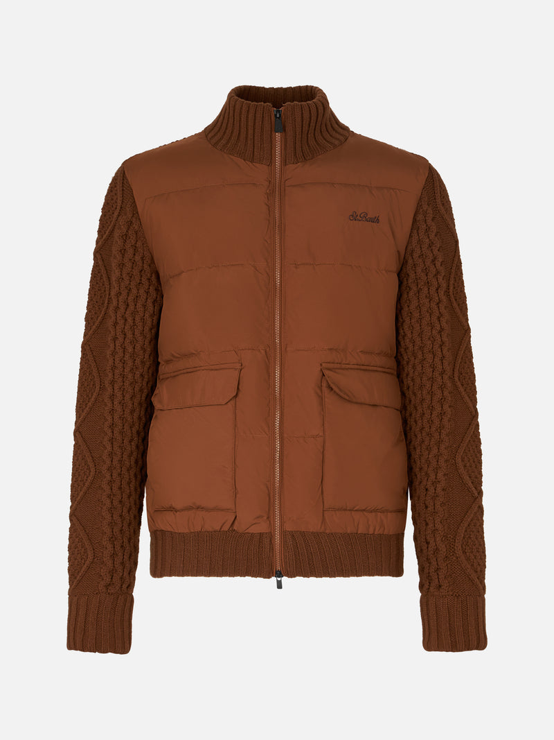 Man brown padded jacket with knitted sleeves