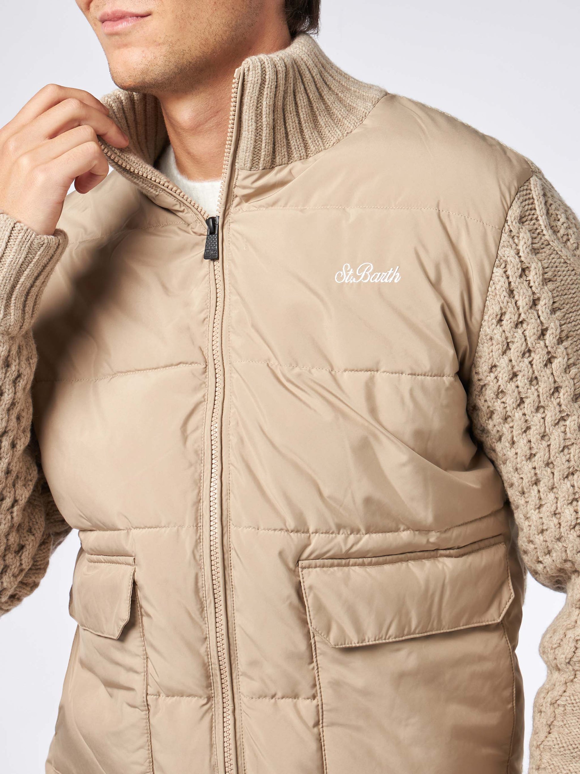 Man beige padded jacket with knitted braided sleeves - MC2 Saint Barth