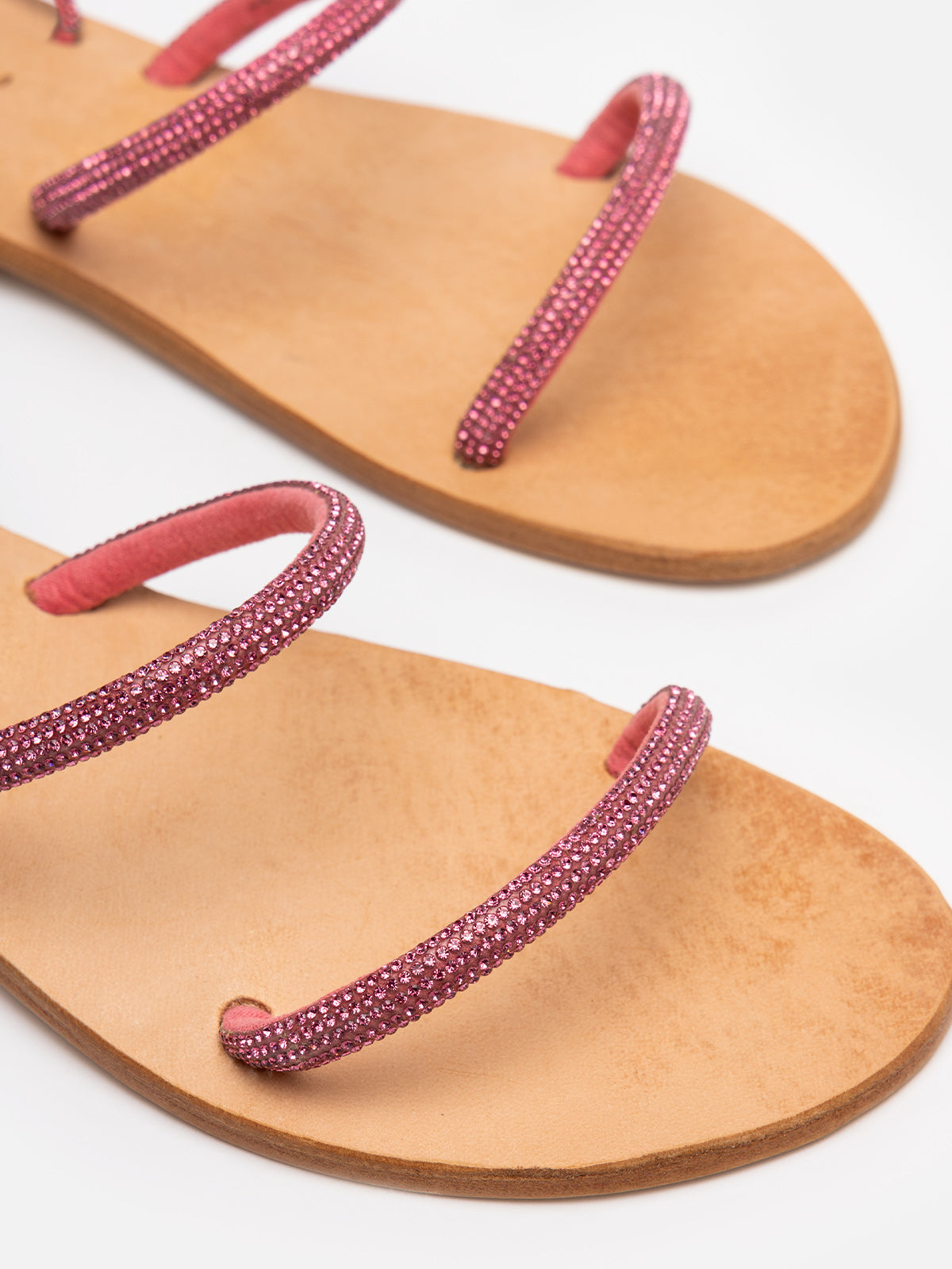 Wrap flat sandals with fuchsia rhinestones