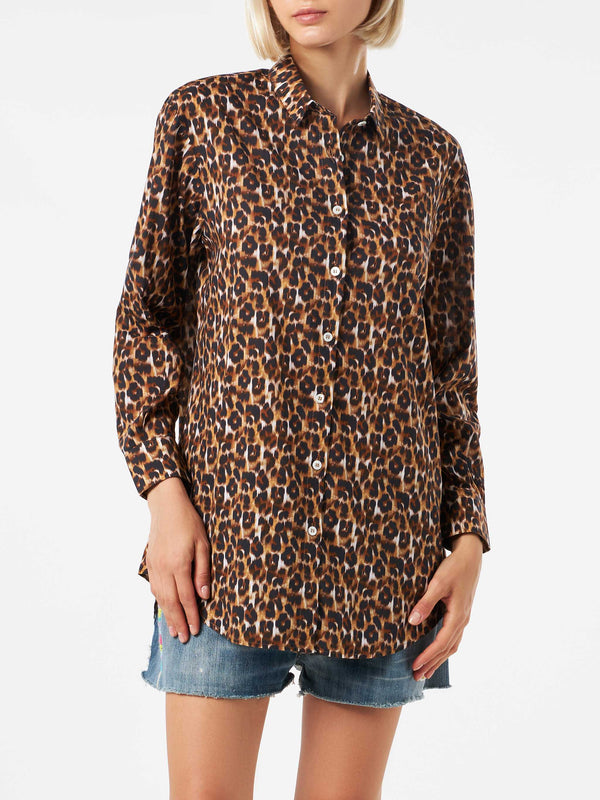 Leopard print cotton shirt with embroidery