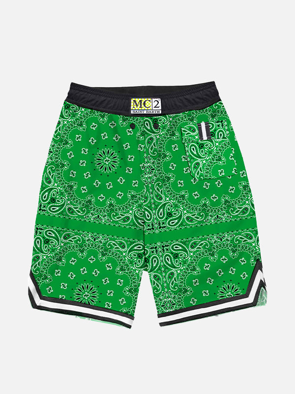 Boy long swim shorts with bandanna print