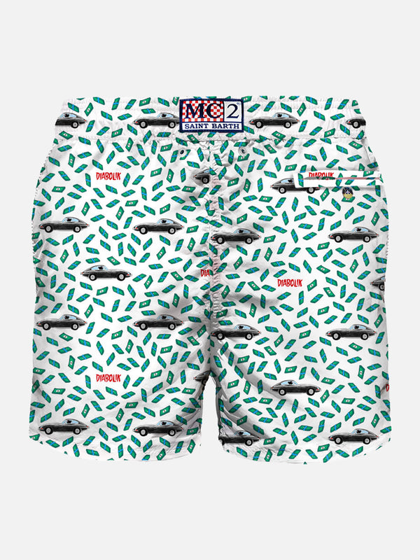 Man light fabric swim shorts with car and money print | DIABOLIK SPECIAL EDITION