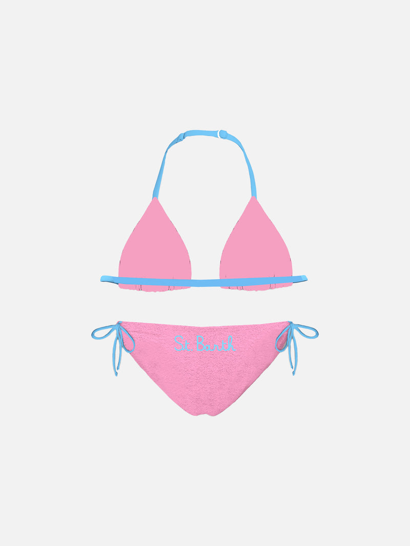 Bikini da bambina a triangolo rosa con piping