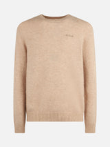 Man beige stretch wool sweater with St. Barth embroidery