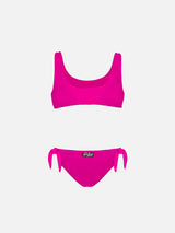 Bralette-Bikini für Mädchen in Fuchsia mit Pailletten und silbernem Logo