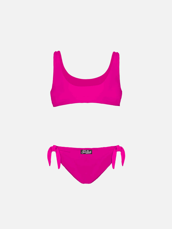 Bikini a bralette per bambina in paillettes fucsia con logo argento