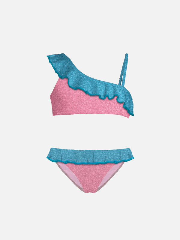 Bikini da bambina monospalla in lurex con balze