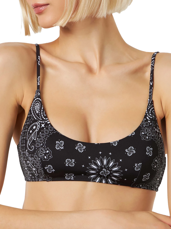 Schwarzer Bralette-Badeanzug für Damen mit Bandana-Muster