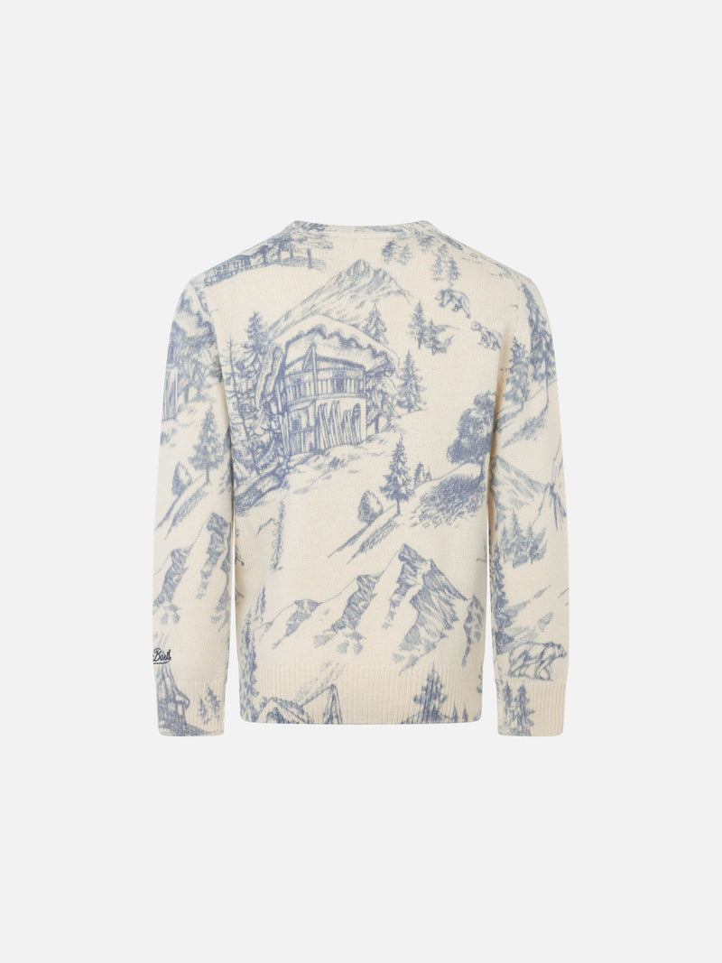 Boy crewneck toile de jouy sweater with La Montagne embroidery