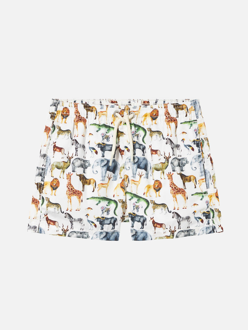 Jungen-Badeshorts aus Baumwolle mit afrikanischem Zoo-Print