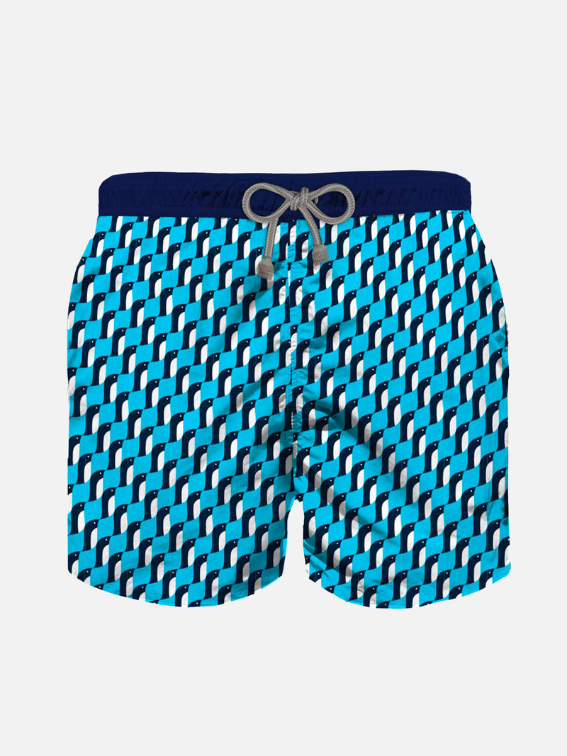 Boy swim shorts with penguin print and emboridery