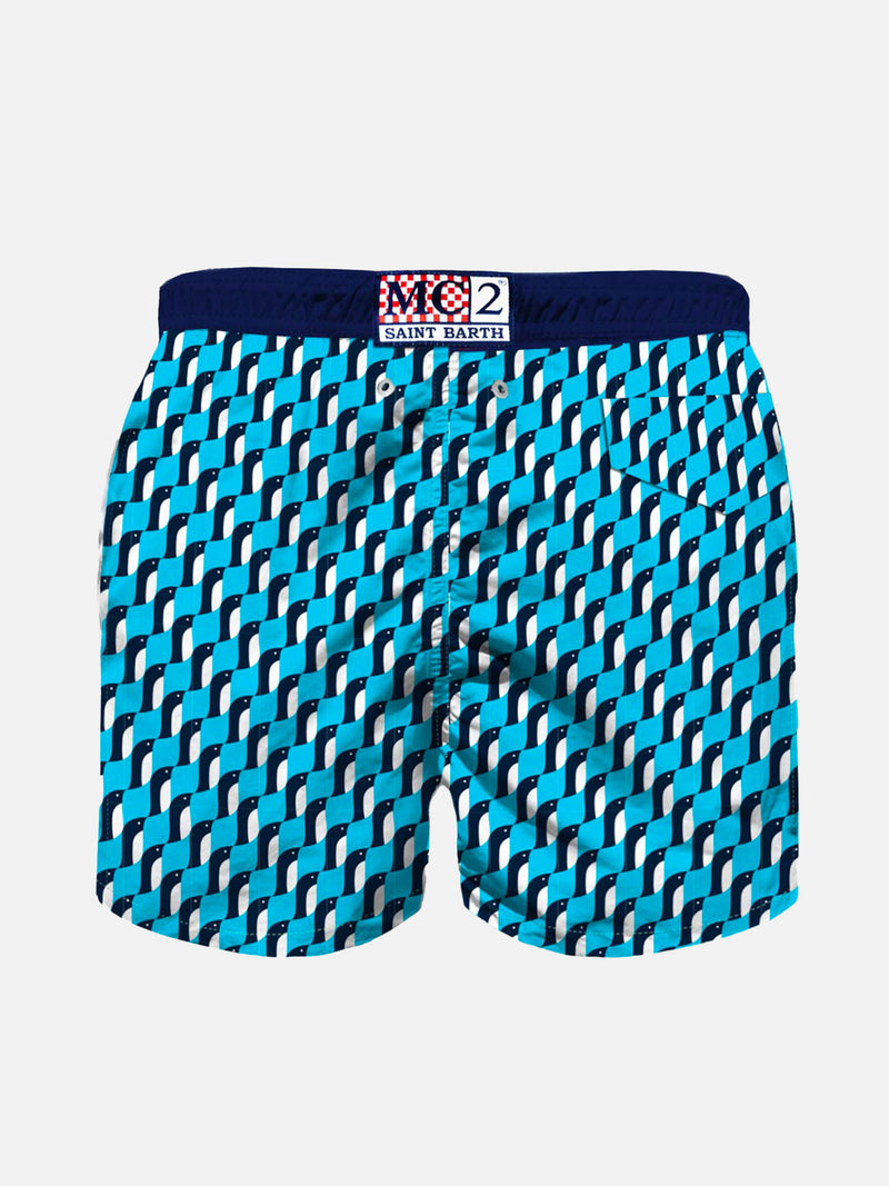 Boy swim shorts with penguin print and emboridery