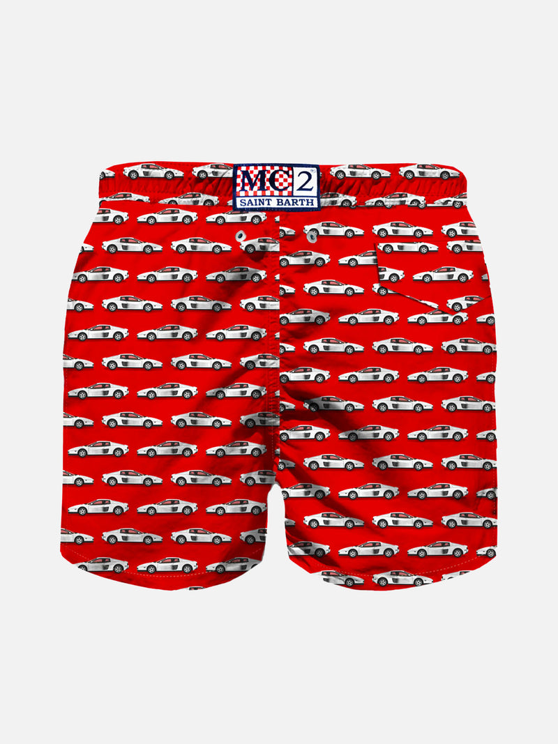 Sporty car print light fabric boy swim shorts