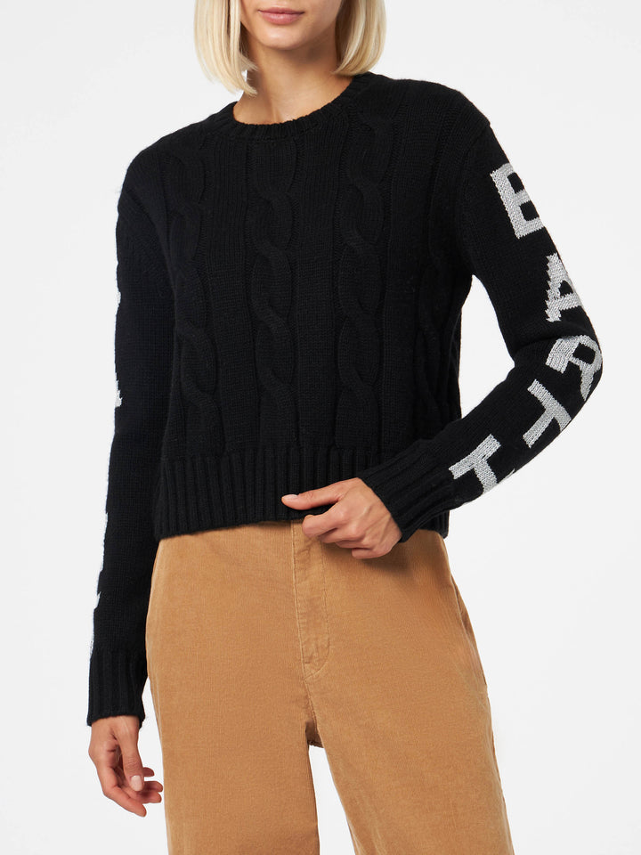 Maglione da donna girocollo intrecciato con stampa Saint Barth lurex
