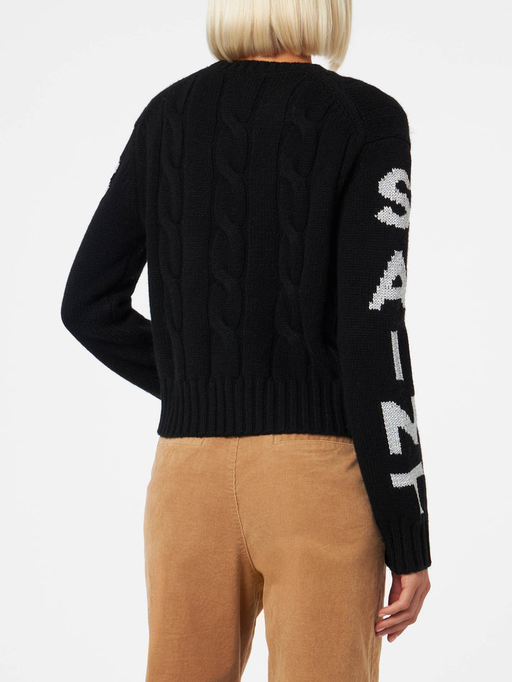 Maglione da donna girocollo intrecciato con stampa Saint Barth lurex