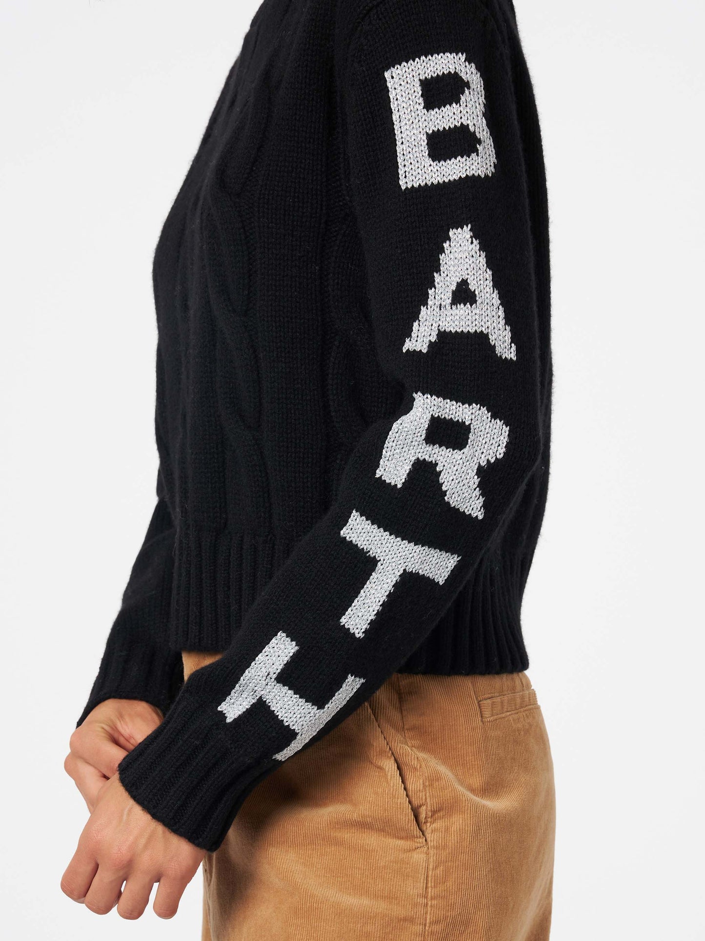 Maglione da donna girocollo intrecciato con stampa Saint Barth lurex