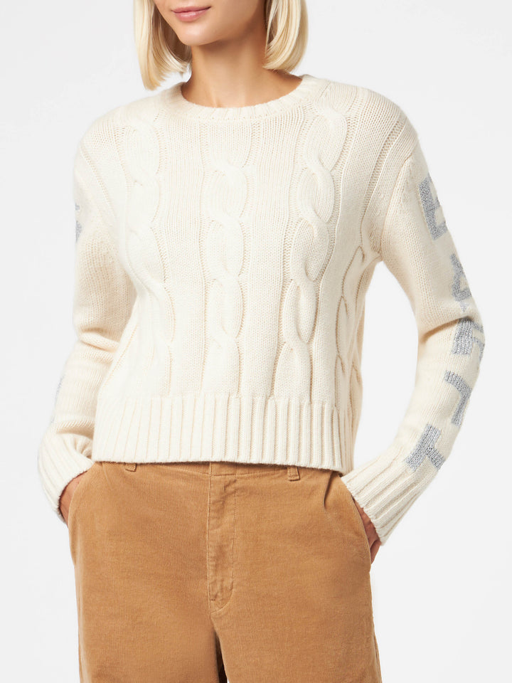 Maglione da donna girocollo intrecciato con stampa Saint Barth lurex
