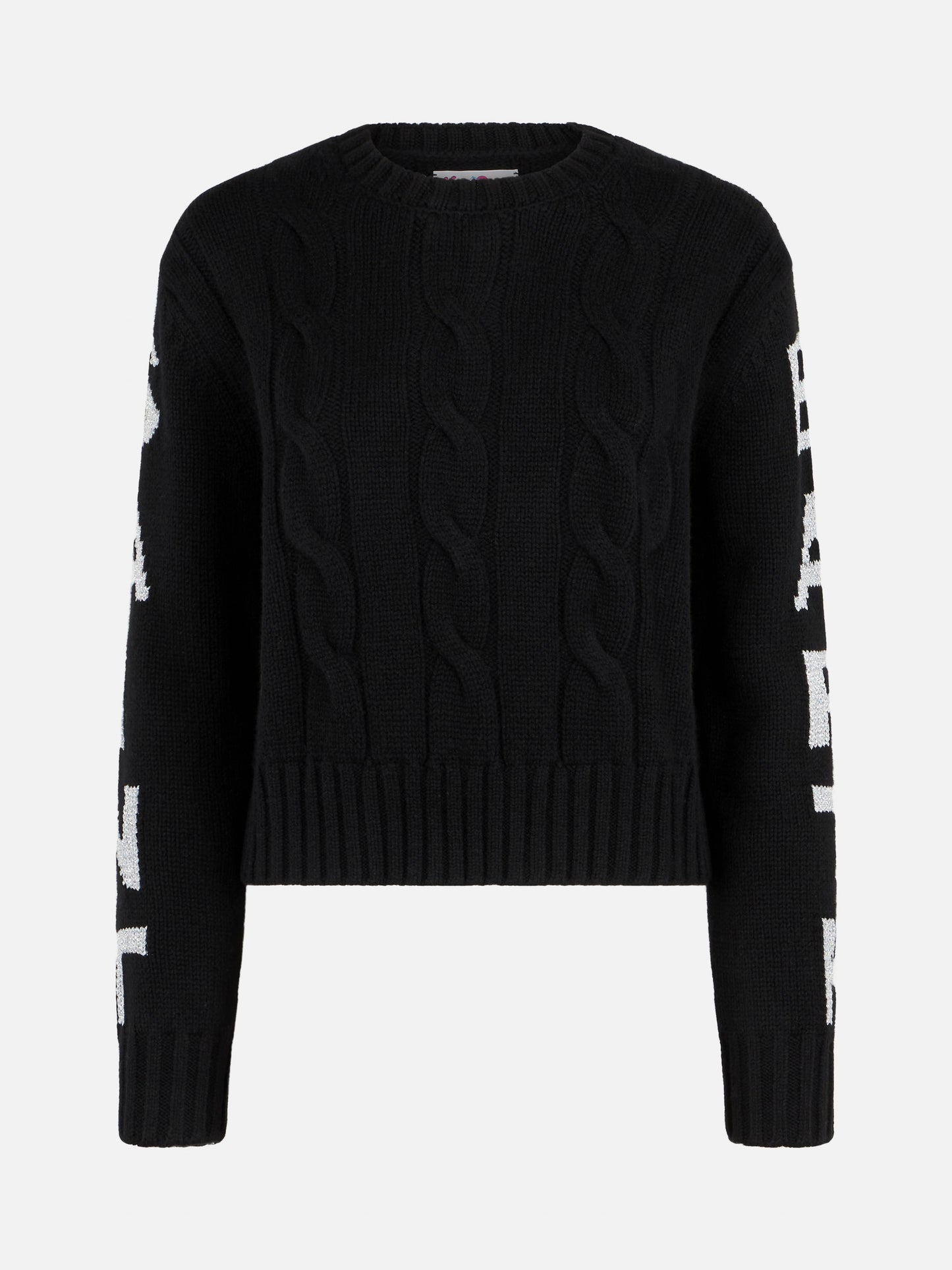 Maglione da donna girocollo intrecciato con stampa Saint Barth lurex